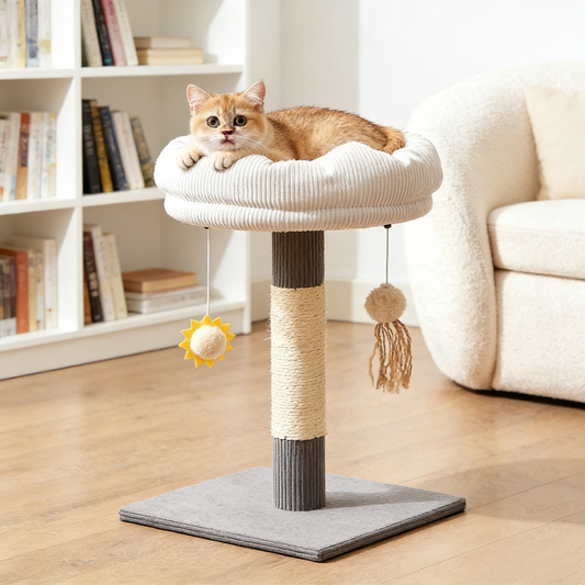 Solid Wood Small Cat Tree, Cat Scratching-Posts & Hanging Toys, Removable Cat Bed
