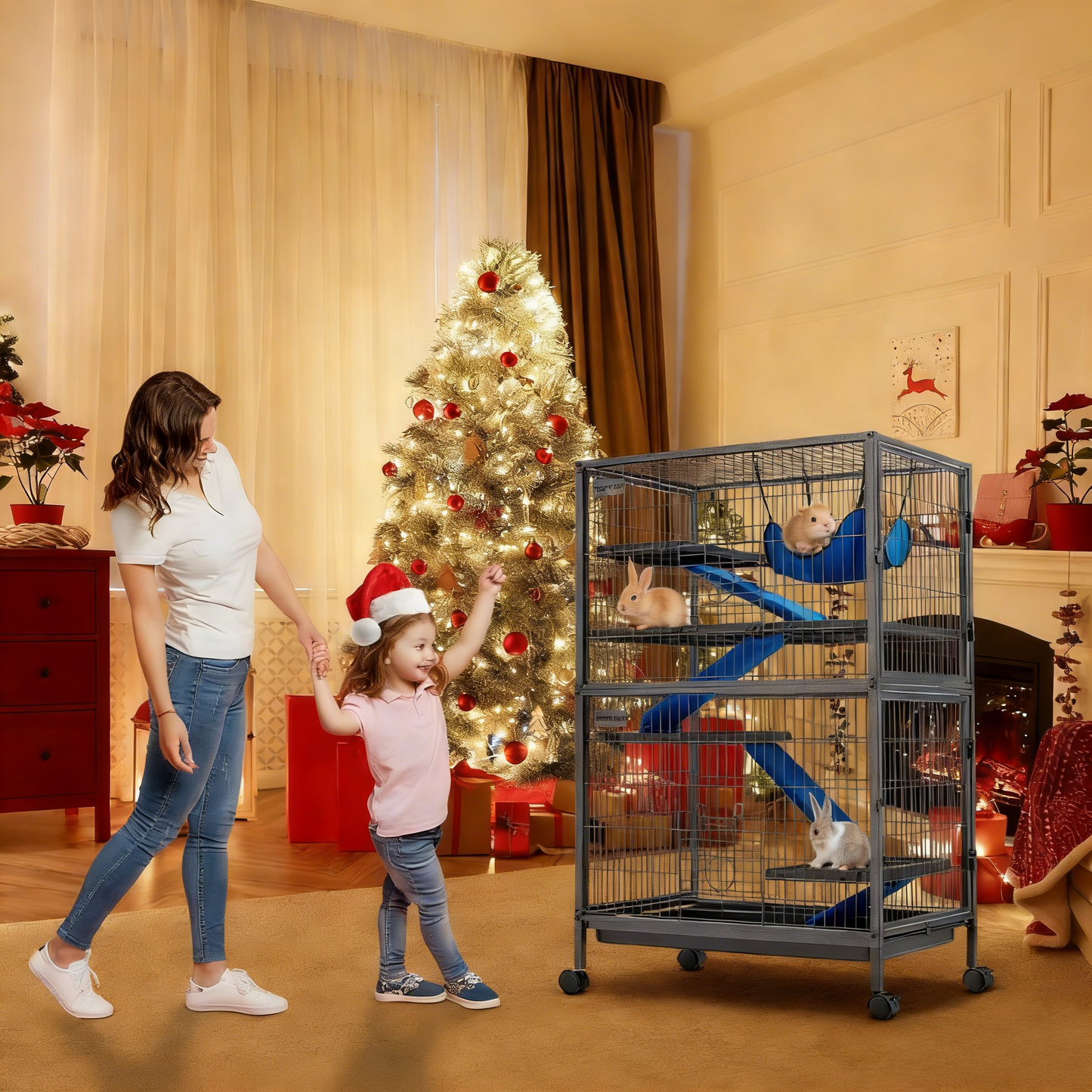 50''H Metal Small Animal Cages, Rolling Chinchilla Cage with Removable Ramps