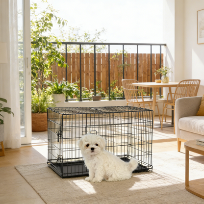 Crate for Small Dogs 24 Inch Folding Metal WirePet Cage Double Door W/Divider Panel Indoor Outdoor Kennel Leak-Proof Plastic Tray