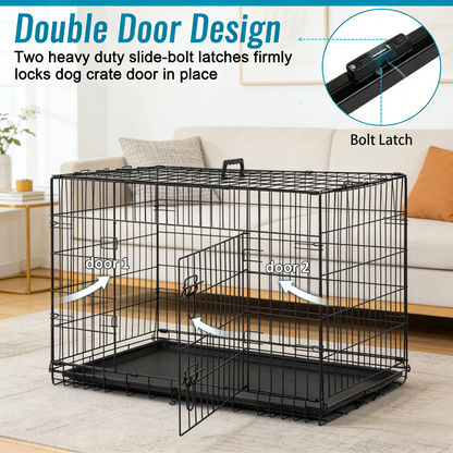 Crate for Small Dogs 24 Inch Folding Metal WirePet Cage Double Door W/Divider Panel Indoor Outdoor Kennel Leak-Proof Plastic Tray